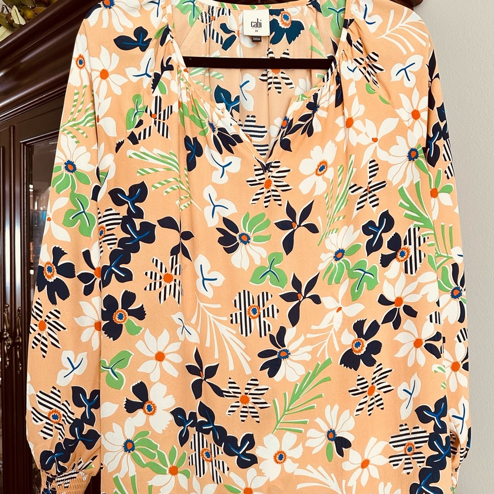 CAbi Cream and Blue Graphic Long Sleeve Blouse